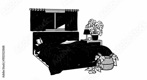 A bedroom scene with a large bed, window, curtains, and potted plants