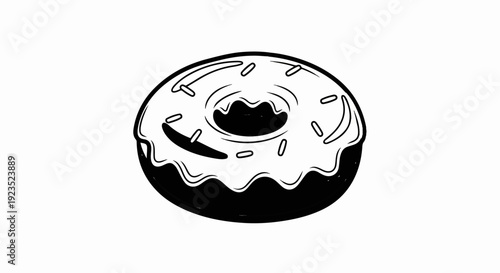 A black and white cartoon illustration of a frosted donut with sprinkles