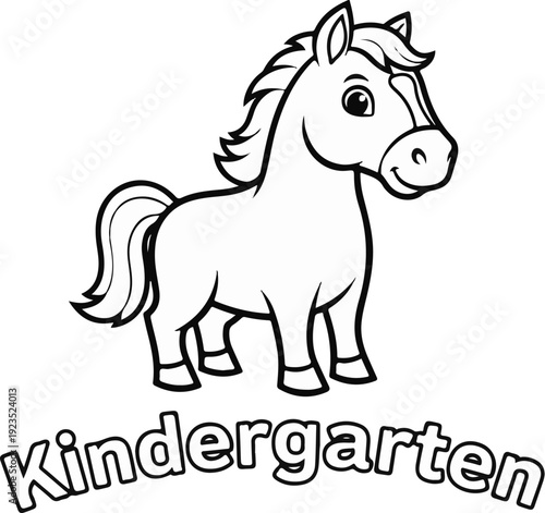 A simple black and white illustration of a cartoon horse standing next to the word "Kindergarten