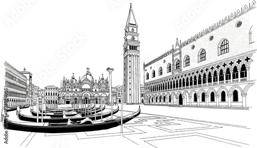 A black and white drawing of a grand European city square with ornate architecture and gondolas