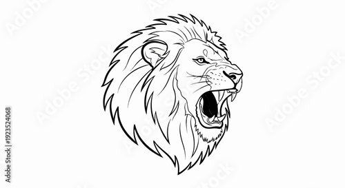 A black and white drawing of a lion's head roaring with its mouth open