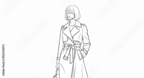 A sketch of a woman wearing a stylish trench coat and holding a bag