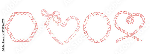 Rope frame set, heart cord. Red Bow with tied knot trendy frame template, border. String wreath with loops. Outline nautical style 