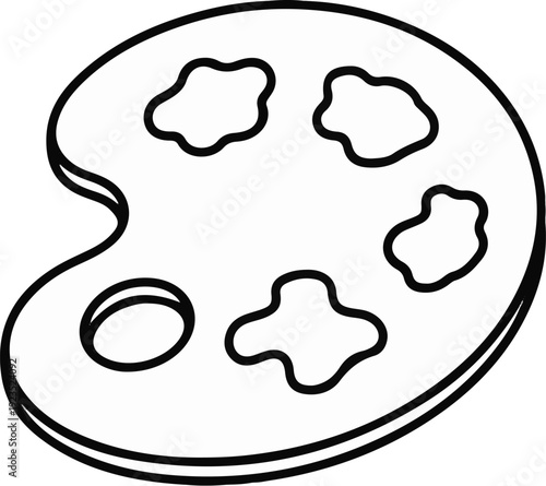A black and white drawing of an artist's palette with paint splatters