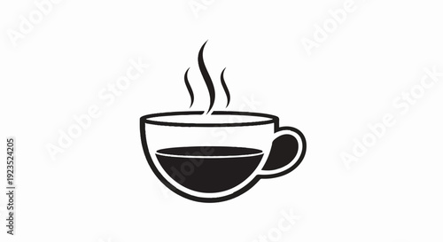 A simple black and white icon of a steaming cup of coffee