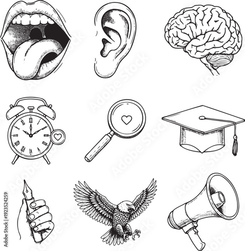 Collection of hand drawn icons representing concepts like communication knowledge time and perception with a stylized eagle