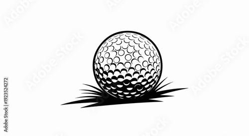 A black and white graphic of a golf ball resting on grass blades