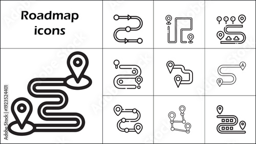 Set of various roadmap icons symbolizing navigation and journey planning.