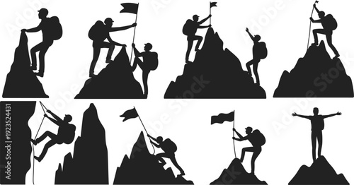 Mountain climber silhouettes set, hikers climbing peaks with flags and backpacks isolated on white background vector illustration