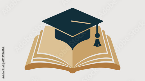 Graduation cap on an open book symbolizing education achievement and academic success with simple elegant design
