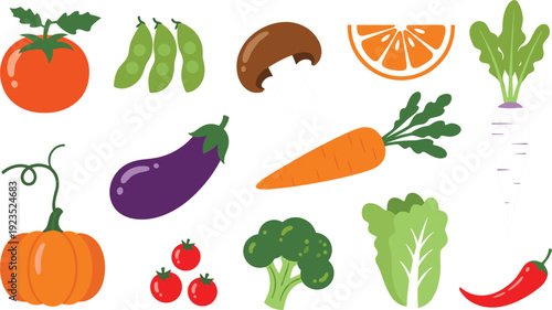 Colorful Flat Vegetable and Fruit Icons Collection – Fresh Organic Healthy Food Vector