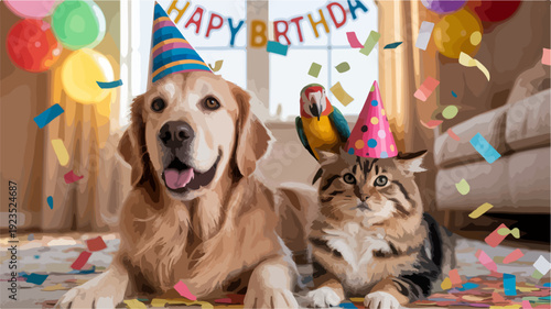 Golden retriever dog and tabby cat wearing party hats with confetti and balloons on floor