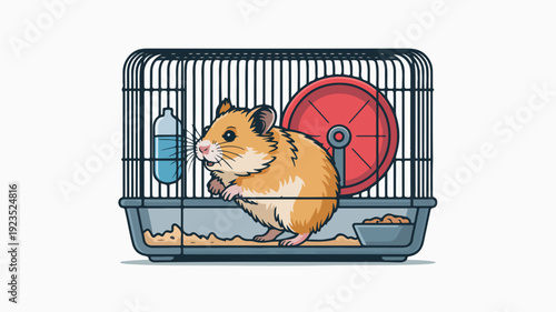 Cute hamster in cage with exercise wheel and food happy small pet in blue cage