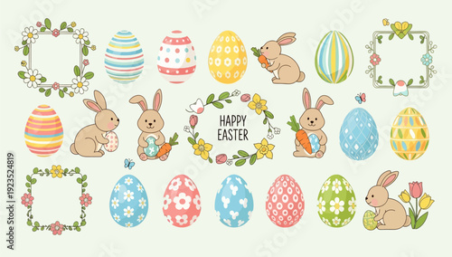 Easter bunny and decorated eggs with floral wreaths, happy easter greeting, springtime celebration symbols and festive decorations on white background