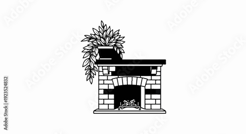 A black and white illustration of a brick fireplace with a potted plant on top