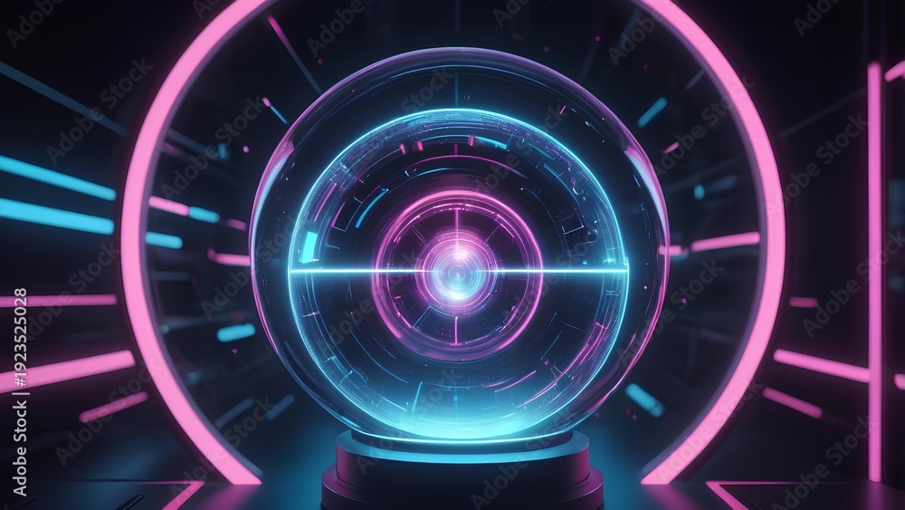 Fototapeta premium Futuristic glowing orb with neon ring lights, digital interface, and abstract technological background