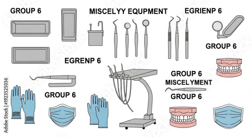 Medical equipment and supplies for dental procedures, grouped and labeled for organization.