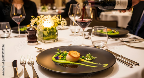 Elegant fine dining experience with gourmet food and wine served at a beautifully set table.