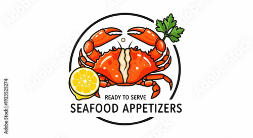 A bright, graphic illustration of a cooked crab with lemon and parsley