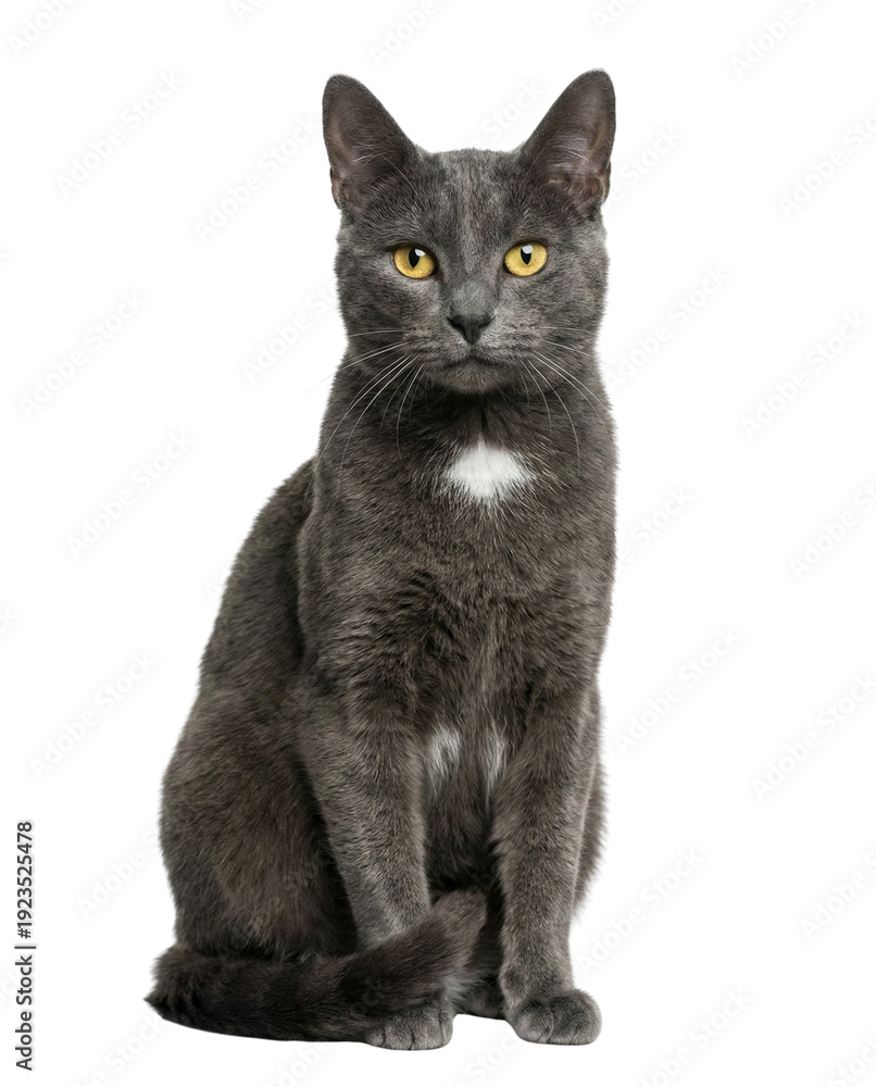 Obraz premium Russian Blue cat with yellow eyes and white chest patch, sitting and looking at camera on white background