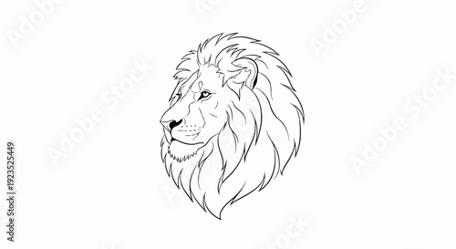 A stylized black and white line drawing of a regal lion's profile