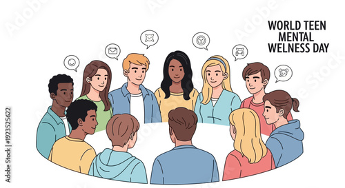 Illustration of diverse teens sitting in a circle for World Teen Mental Wellness Day with thought bubbles, promoting mental health awareness and support.