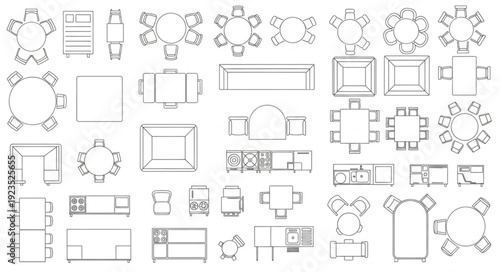 Architectural floor plan sketches showcasing various furniture arrangements and layouts.