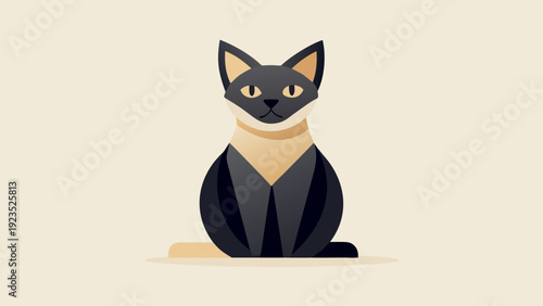 Cute Flat Design Gray Cat Vector Illustration. Adorable Minimalist Domestic Animal Graphic with Sweet Eyes and Collar.