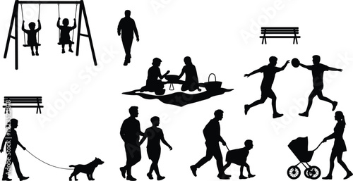 Park activity silhouettes, family recreation vector, children playing design, lifestyle community illustration, outdoor leisure art, picnic, walking, dog, stroller, stock set