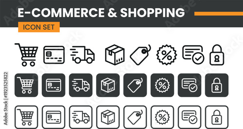 A comprehensive e-commerce and shopping icon set featuring essential online retail symbols like carts, credit cards, delivery, and security, presented in outline, filled, and bordered styles