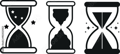 A collection of three distinct black and white hourglass icons illustrating various aspects of time measurement, showing sand, stars, and sparkling elements in different stylized forms, 