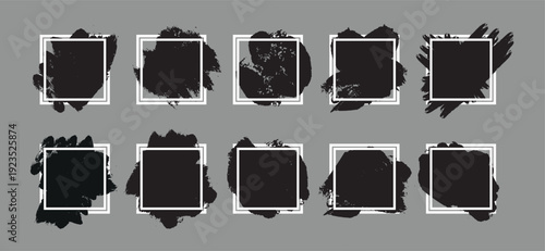 A collection of ten unique black grunge brush stroke square frames, each meticulously outlined with a crisp white border, creating versatile artistic design elements for various creative projects.