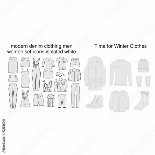 Collection of modern denim clothing icons for men and women featuring various styles alongside essential winter apparel illustrations suitable for seasonal fashion presentations and catalog design nee