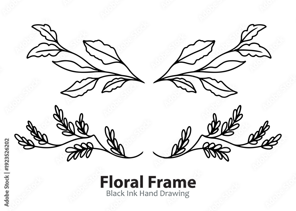 Fototapeta premium Black ink hand-drawn floral frame elements with symmetrical leaf designs, perfect for decorative borders and invitations.