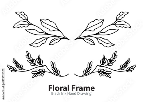 Black ink hand-drawn floral frame elements with symmetrical leaf designs, perfect for decorative borders and invitations.