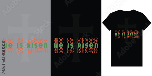 He Is Risen Easter Greeting with Cross Silhouette and Repeating Text in Green and Red Tones.