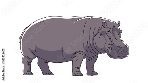 Side view illustration of a large gray hippopotamus standing on a white background showing its massive body and short legs.
