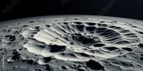 Vast, shadowed lunar crater landscape, meteorite impact, regolith texture,  discovery,  exploration