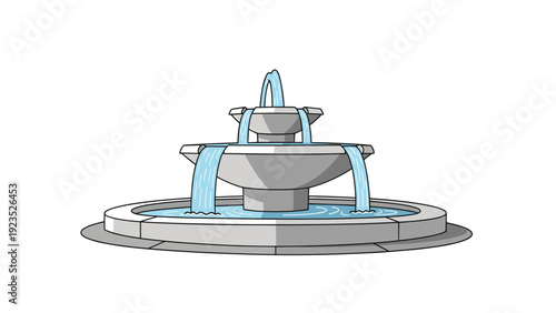 Three-tiered stone garden fountain with water flowing from the top basin into the lower pools illustrated on a white background.