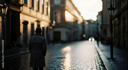 Solitary figure in trench coat walks down a cobblestone street at sunset.