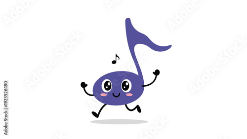 Cute purple musical note character with a smiling face and arms and legs running happily across a white background.