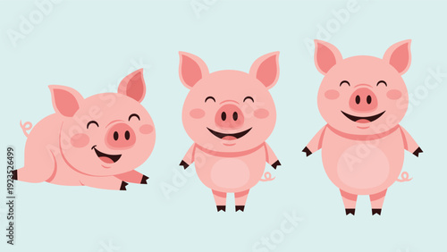 Collection of three cute pink pigs in different poses including lying down and standing on a light blue background.