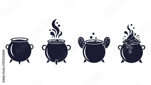 Set of four silhouettes depicting witch's cauldrons in various states from empty to bubbling with magical potions.