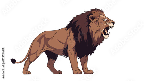 Powerful male lion with a large dark mane captured in a mid-roar standing on a white background in a detailed illustration.