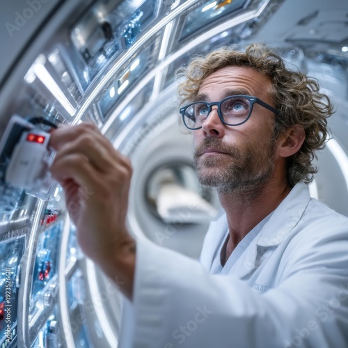 Focused Scientist Inspecting Advanced Technology in Modern Lab generated by AI
