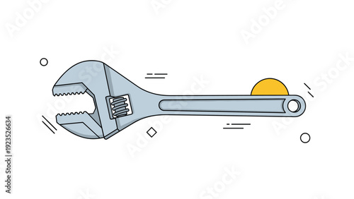 Stylized blue adjustable wrench with various geometric shapes in the background used for mechanical work and repair.