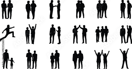People silhouette collection set, business team, friends and family standing together, success celebration teamwork concept vector illustration
