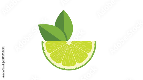 Close-up illustration of a fresh green lime wedge with two bright green leaves placed on top against a white background.