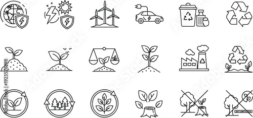 Ecology and environmental sustainability line icon set featuring renewable energy recycling electric car green plant growth and nature conservation symbols
