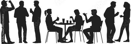 People socializing in cafe silhouettes, friends talking and drinking coffee isolated on white background, casual meeting concept